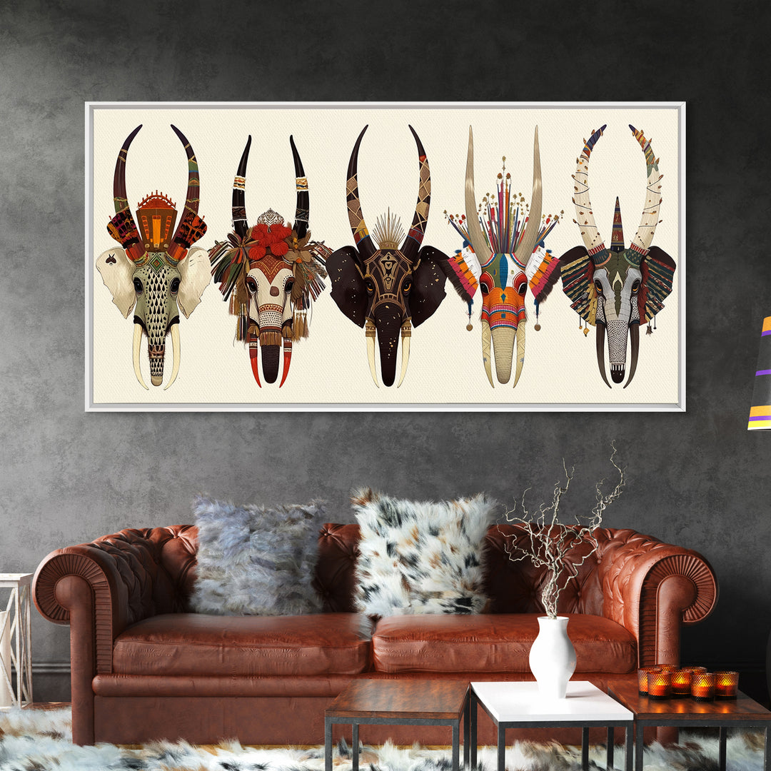 Horned African Animal Skull Masks Wall Art, Tribal Mask Art, African Safari Art, Cultural Wall Decor, Statement Piece Gift