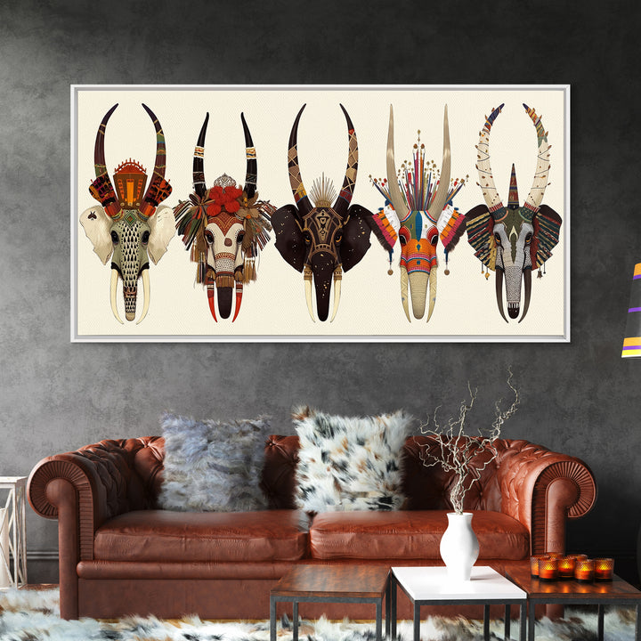 Horned African Animal Skull Masks Wall Art, Tribal Mask Art, African Safari Art, Cultural Wall Decor, Statement Piece Gift
