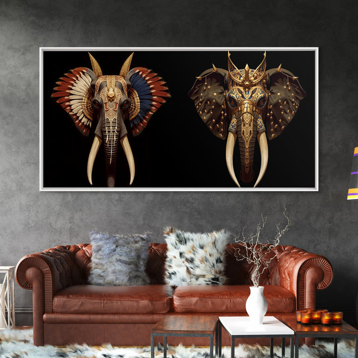 Ornate African Elephant Mask Wall Art, Gold Tribal Safari Decor, Afrocentric Animal Artwork, Luxury Canvas Print For Home
