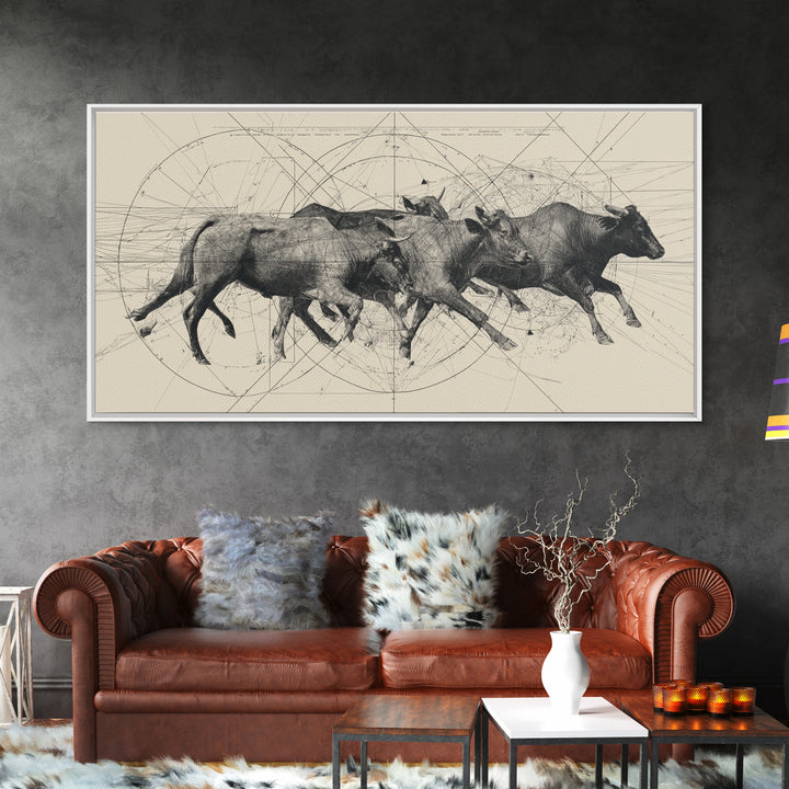 Running African Cattle Sketch Wall Art, Beige Ink Herd Drawing, Rustic Farmhouse Decor, Textured Canvas Print For Office