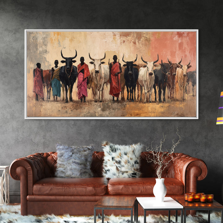 Maasai Herders With Longhorn Cattle Framed Canvas Print, African Safari Wall Art, Earth Tone Tribal Living Room Decor Gift