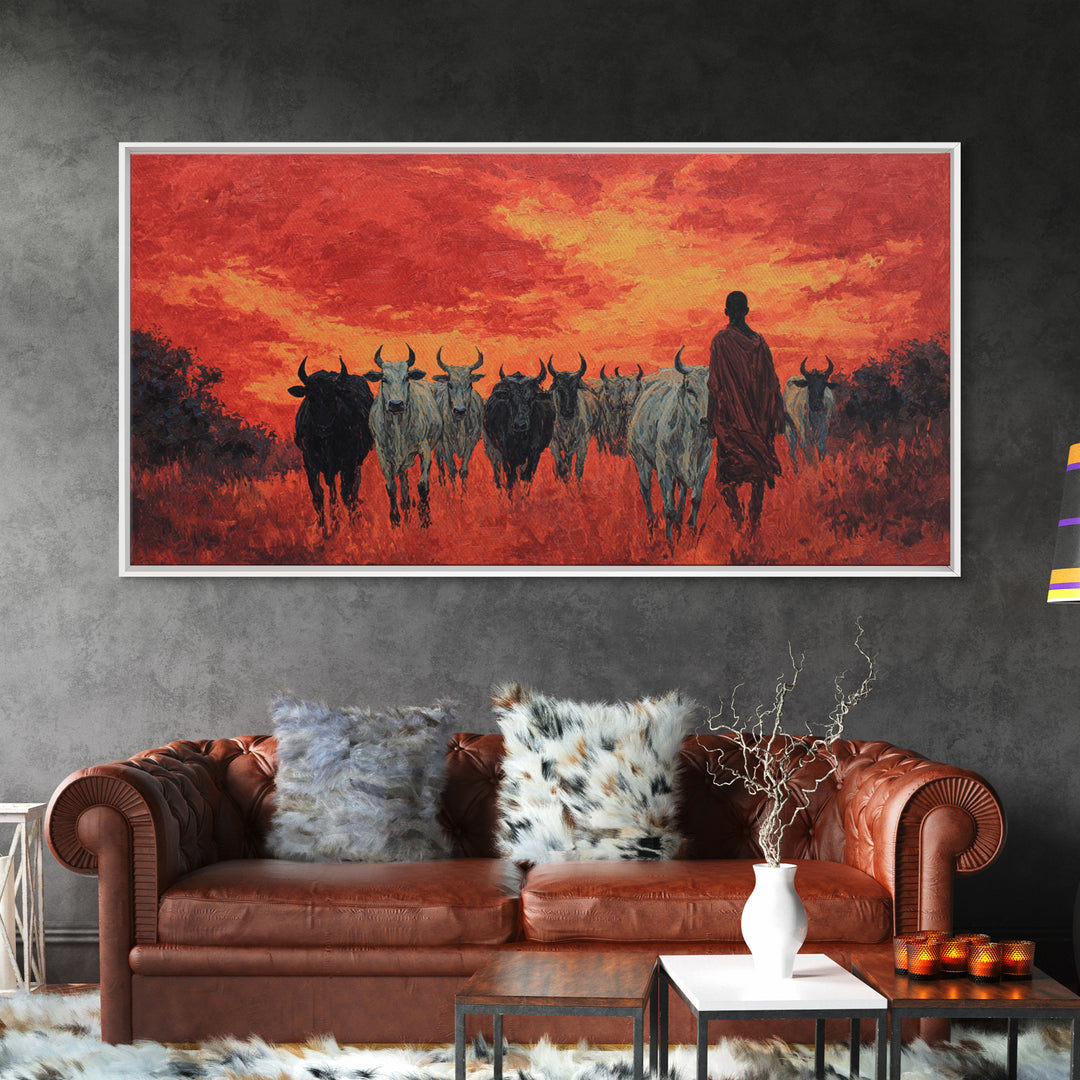 Red Sunset Cattle Drive Wall Art, Maasai Herder Safari Painting, African Landscape Decor, Dramatic Canvas Print For Home