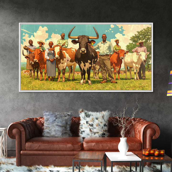 African Family With Cattle Wall Art, Sunny Pasture Portrait, Afrocentric Farm Decor, Vibrant Canvas Print For Living Room