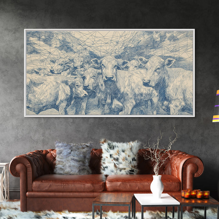 Blue Ink Cattle Herd Wall Art, African Pastoral Drawing, Geometric Farm Animal Decor, Minimalist Canvas Print For Office