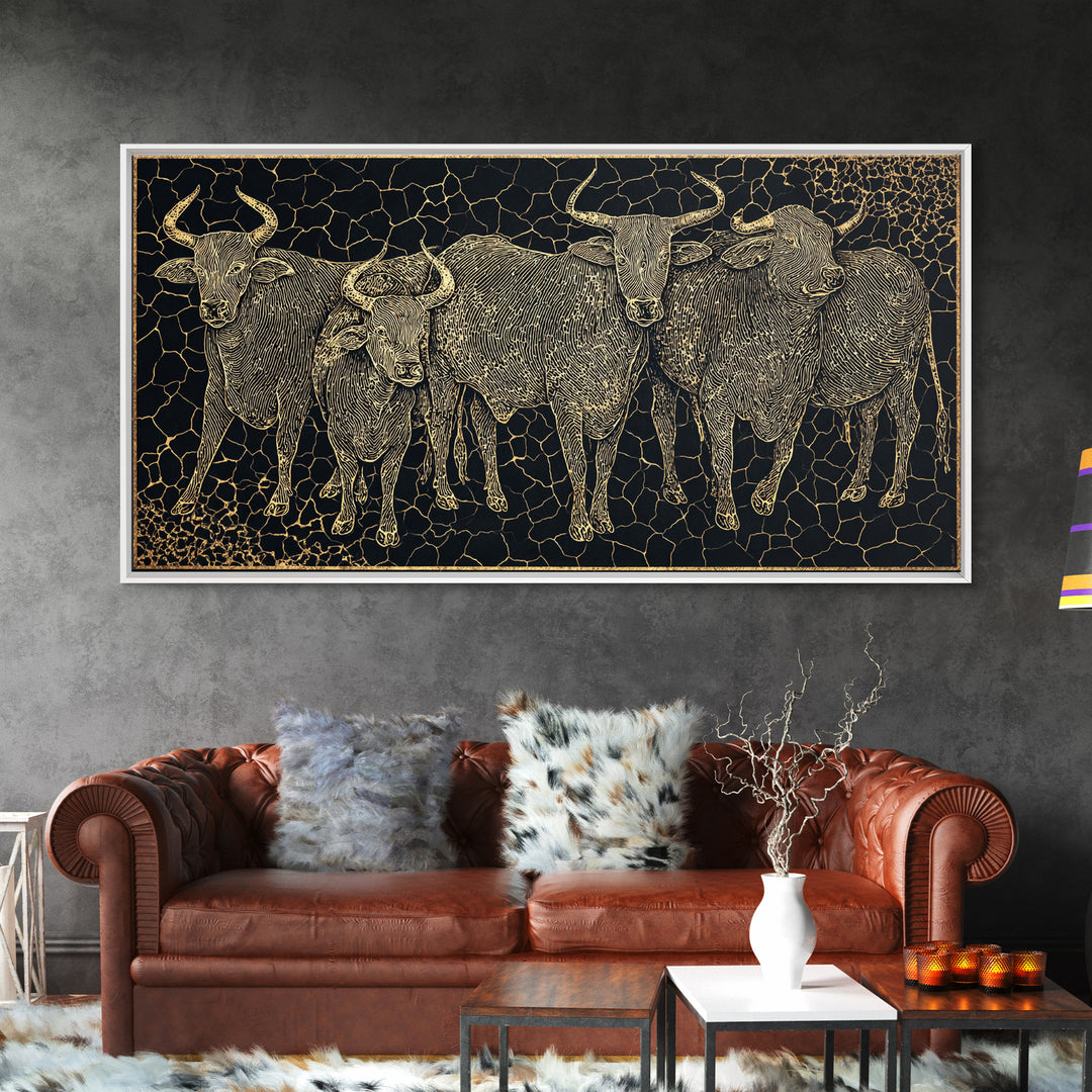 Gold Line Cattle Herd Wall Art, Black Mosaic Tribal Animal Illustration, African Farm Decor, Premium Canvas Print For Home