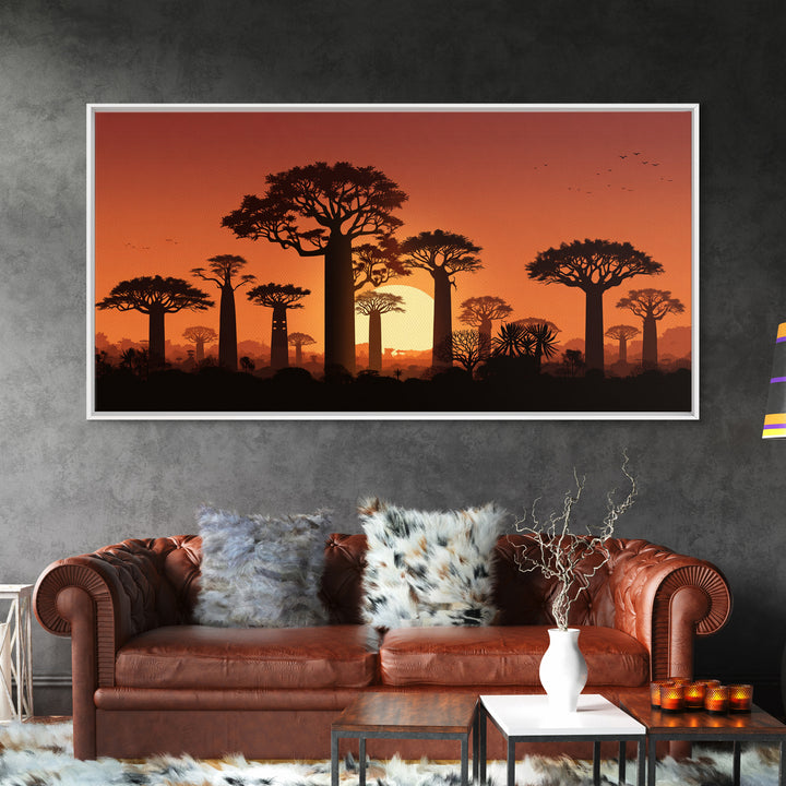 Baobab Trees At Orange Sunset Wall Art, African Landscape Silhouette, Madagascar Safari Decor, Warm Canvas Print For Home