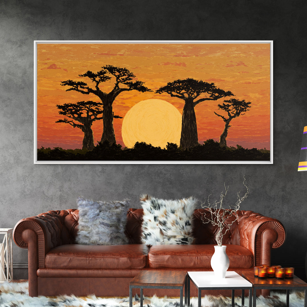 Golden Baobab Sunset Silhouette Wall Art, African Landscape Canvas Decor, Safari Tree Print, Warm Orange Living Room Gift