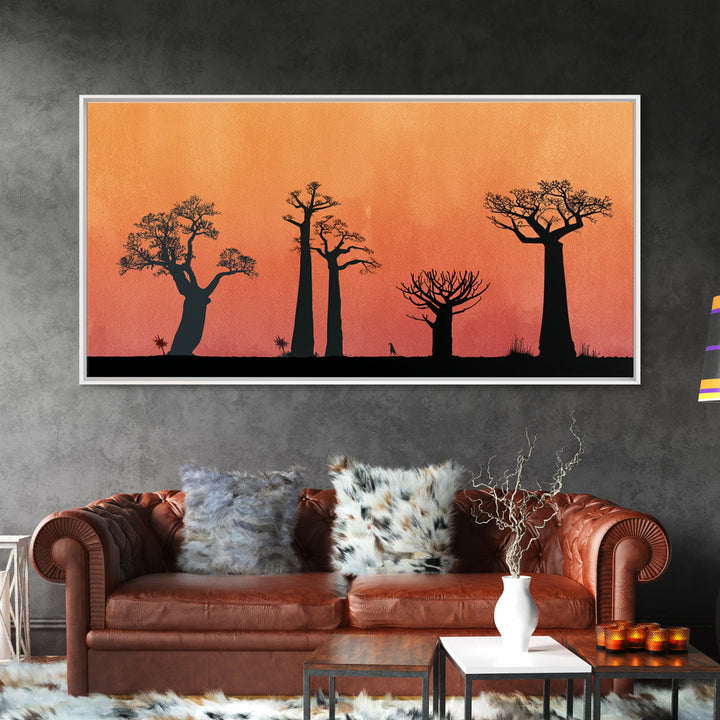 Minimal Baobab Grove Silhouette Canvas Print, African Landscape Wall Decor, Orange Sunset Safari Art, Boho Home Decor Gift