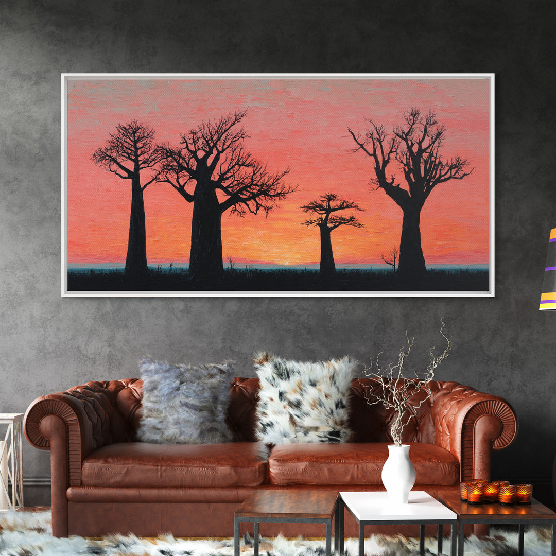 Coral Baobab Tree Silhouette Wall Art, African Landscape Print, Pink Sunset Safari Decor, Modern Canvas Gift For Home Decor
