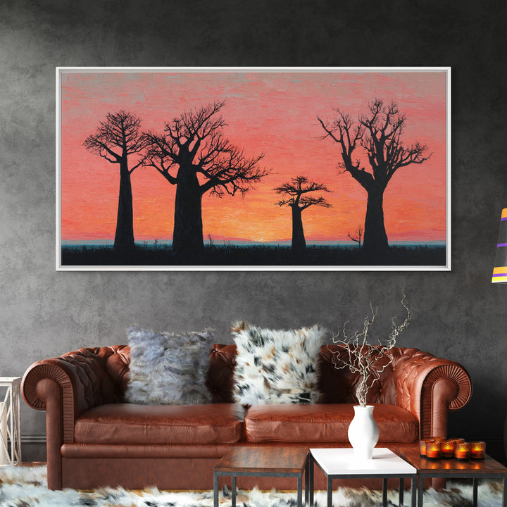 Coral Baobab Tree Silhouette Wall Art, African Landscape Print, Pink Sunset Safari Decor, Modern Canvas Gift For Home Decor