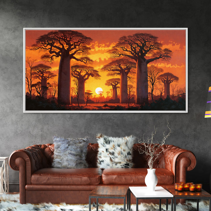 Fiery Baobab Avenue At Sunset Framed Canvas Print, African Safari Landscape Wall Decor, Dramatic Orange Statement Art Gift