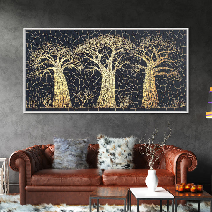 Gold Mosaic Baobab Forest Wall Art, African Tree Canvas Decor, Black And Gold Geometric Safari Print, Luxury Home Decor Gift