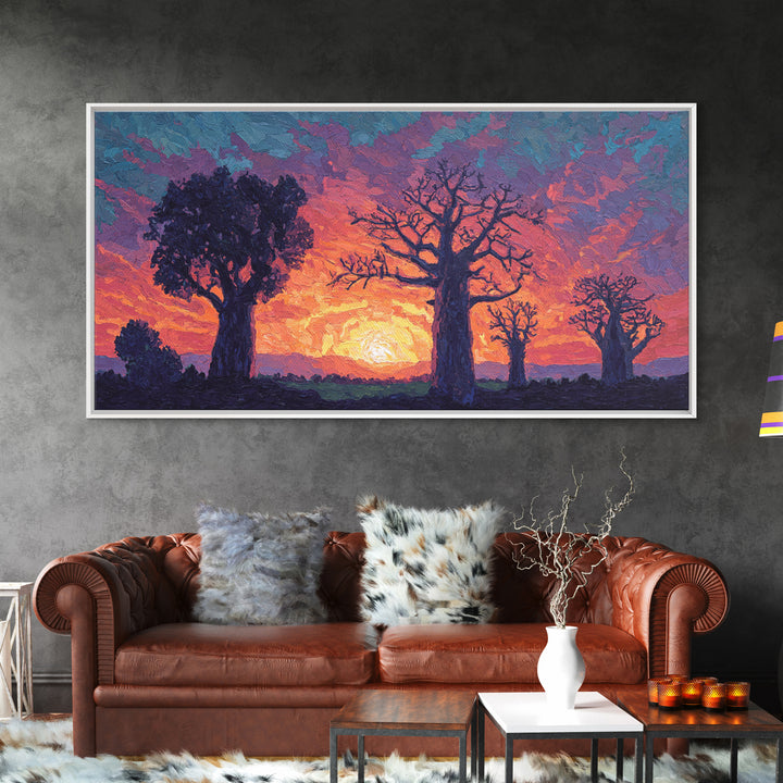 Textured Baobab Sunset Canvas Print, African Landscape Wall Decor, Purple Orange Modern Safari Art, Dreamy Living Room Gift