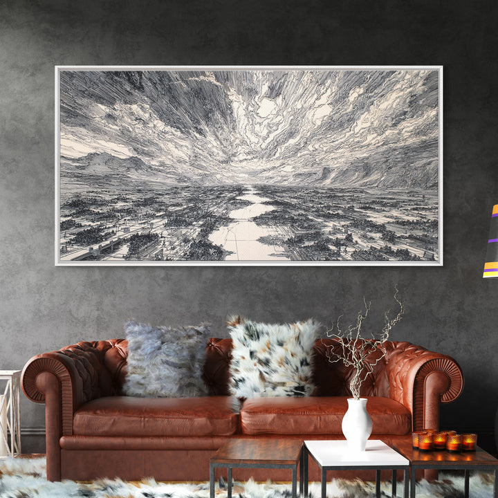Black And White Etched River Valley Wall Art, African Landscape Print, Dramatic Sky Minimalist Office Decor, Fine Art Gift