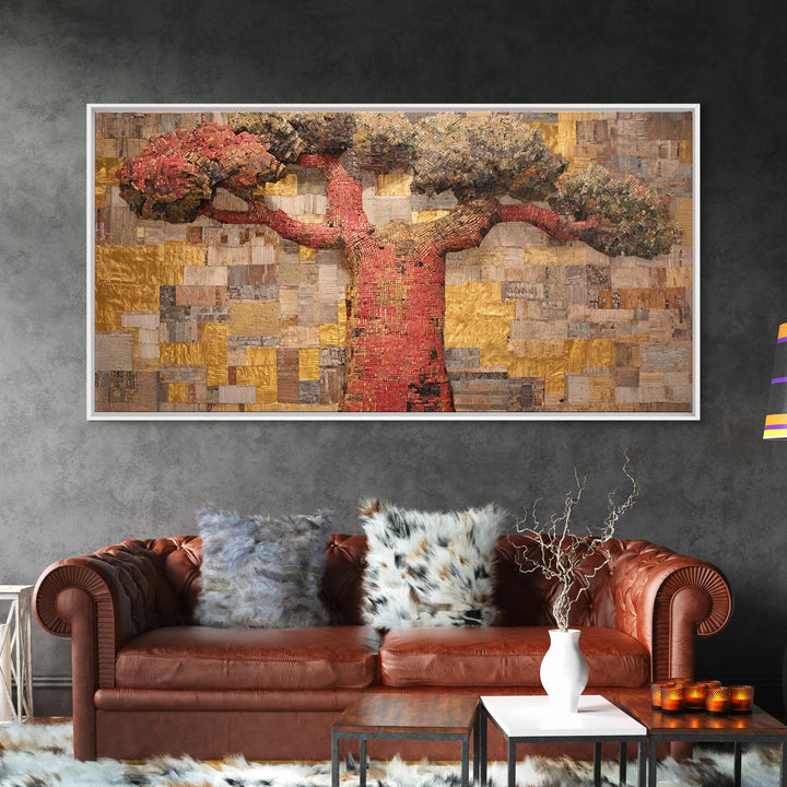 Red Baobab Collage On Gold Canvas Print, African Tree Wall Decor, Textured Mosaic Landscape Art, Bold Living Room Home Decor Gift