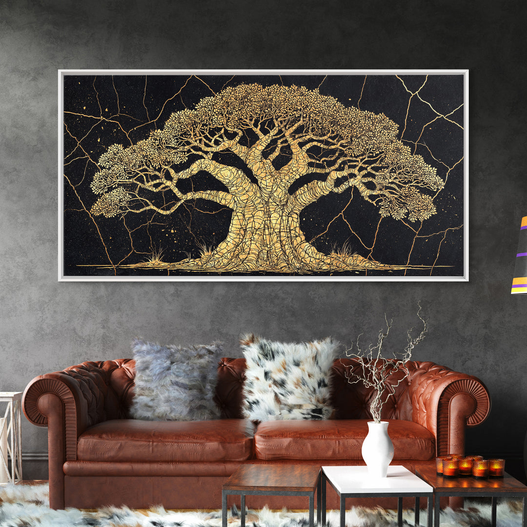 Golden Baobab Tree On Black Wall Art, African Tree Canvas Decor, Gold Crackle Safari Print, Elegant Statement Home Decor Gift