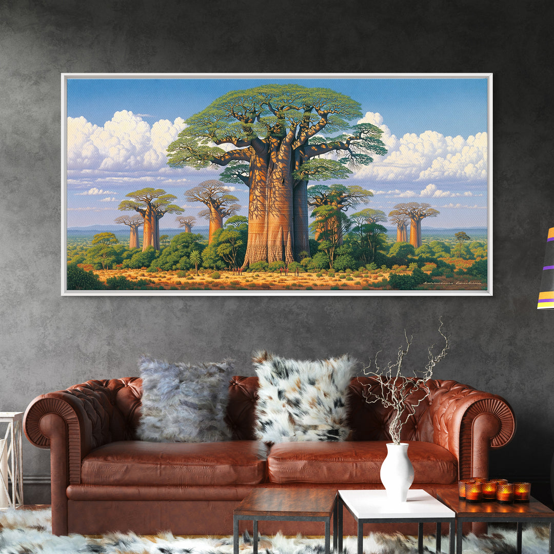 Lush Baobab Forest Under Blue Sky Framed Canvas Print, African Landscape Wall Decor, Madagascar Safari Tree Art Home Decor Gift