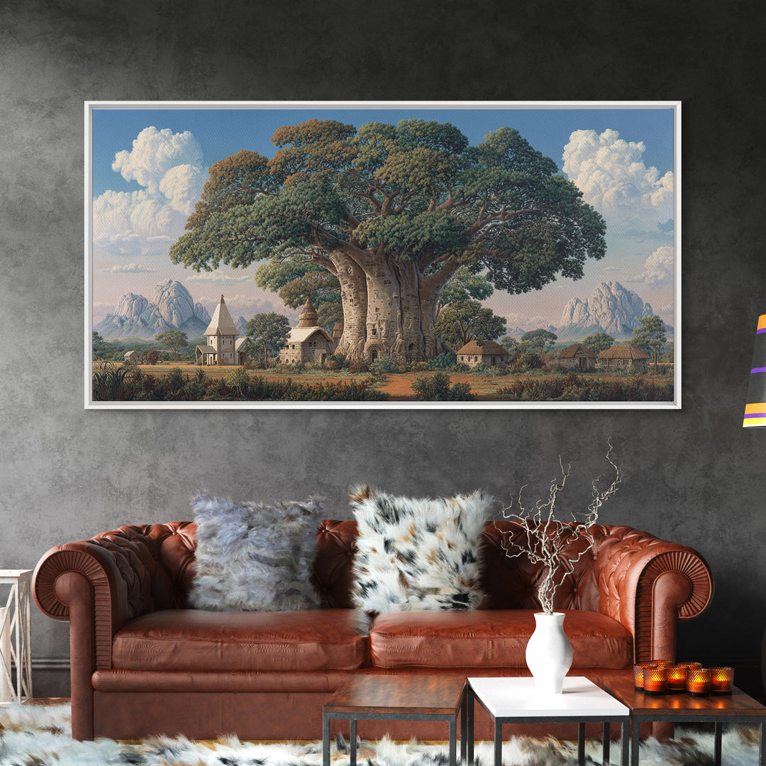 Village Baobab Tree With Church Framed Canvas Print, African Landscape Wall Art, Cultural Home Decor, Housewarming Gift For Her