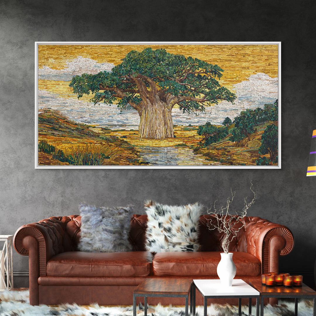 Mosaic Baobab River Landscape Canvas Print, African Tree Wall Art, Earth Tone Safari Decor, Modern Living Room Art, Housewarming Gift