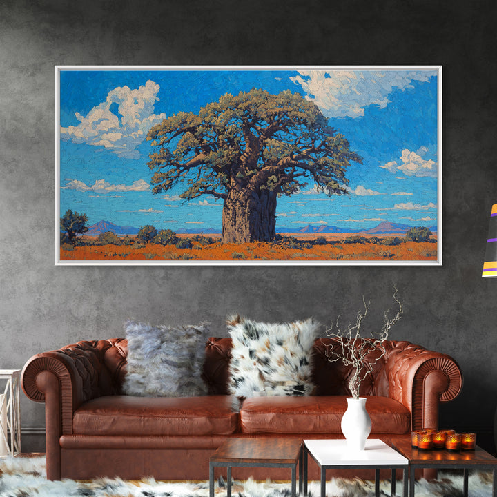Sunlit Baobab Tree Canvas Print, African Landscape Wall Art, Blue Sky Safari Decor, Nature Scene Art, Unique Home Decor Gift