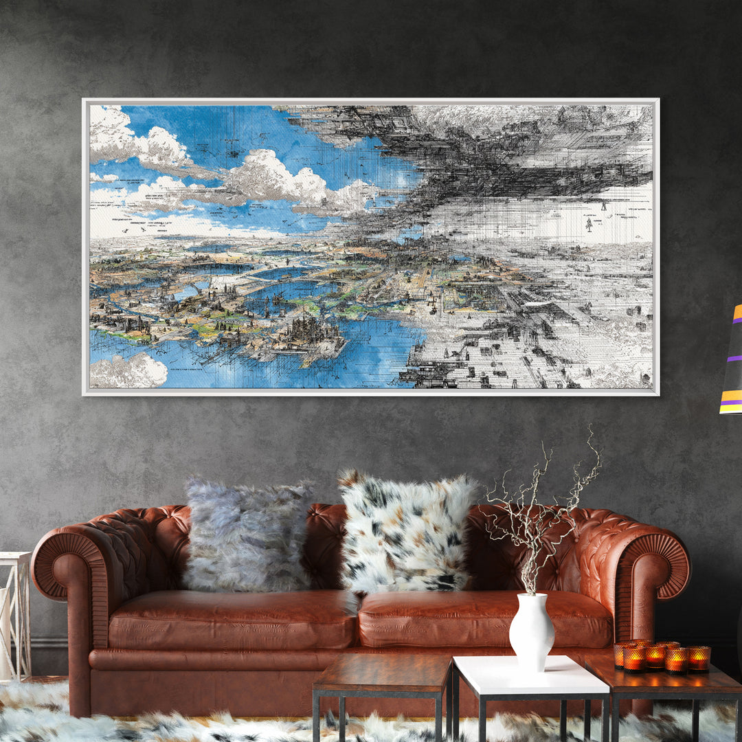 Blue And Black Dreamscape Map Wall Art, Abstract African Landscape Canvas Print, Modern Office Decor, Large Statement Art