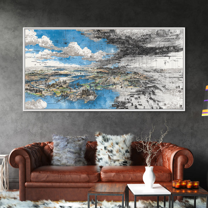 Blue And Black Dreamscape Map Wall Art, Abstract African Landscape Canvas Print, Modern Office Decor, Large Statement Art