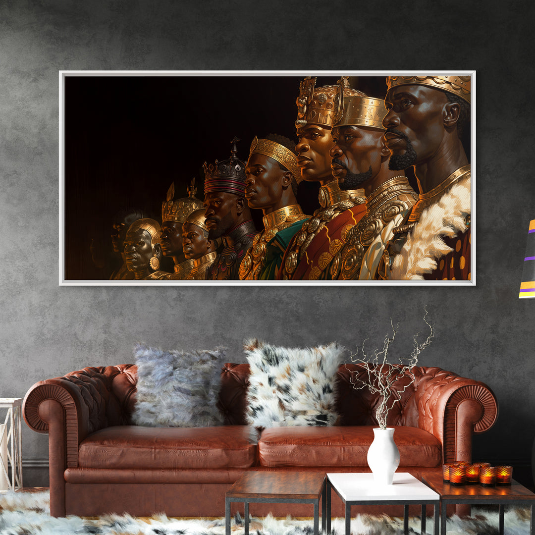 African Kings Royal Portrait Framed Canvas Print, Black History Wall Art, Gold Jewelry Canvas, Afrocentric Home Decor Gift