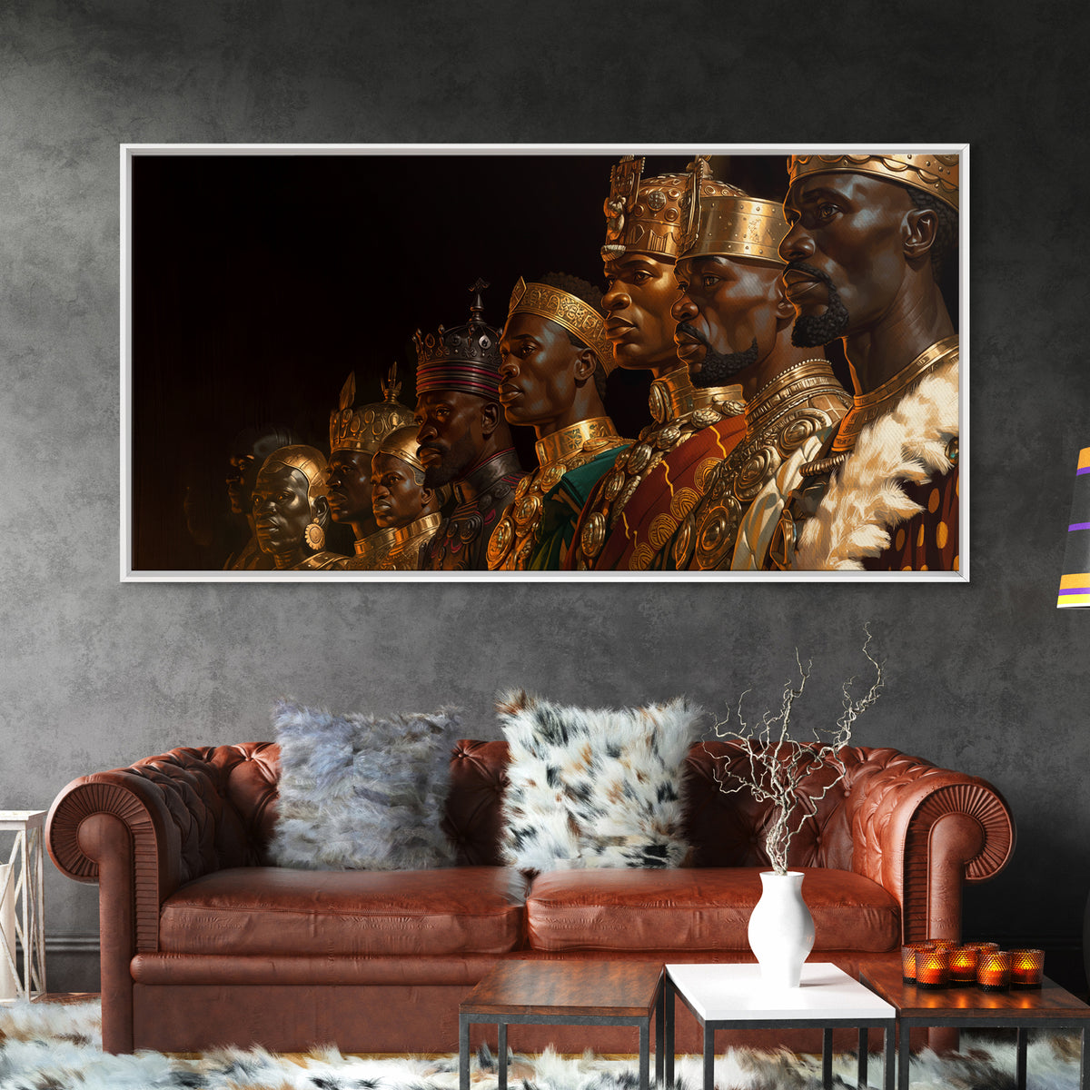 African Kings Royal Portrait Framed Canvas Print, Black History Wall Art, Gold Jewelry Canvas, Afrocentric Home Decor Gift