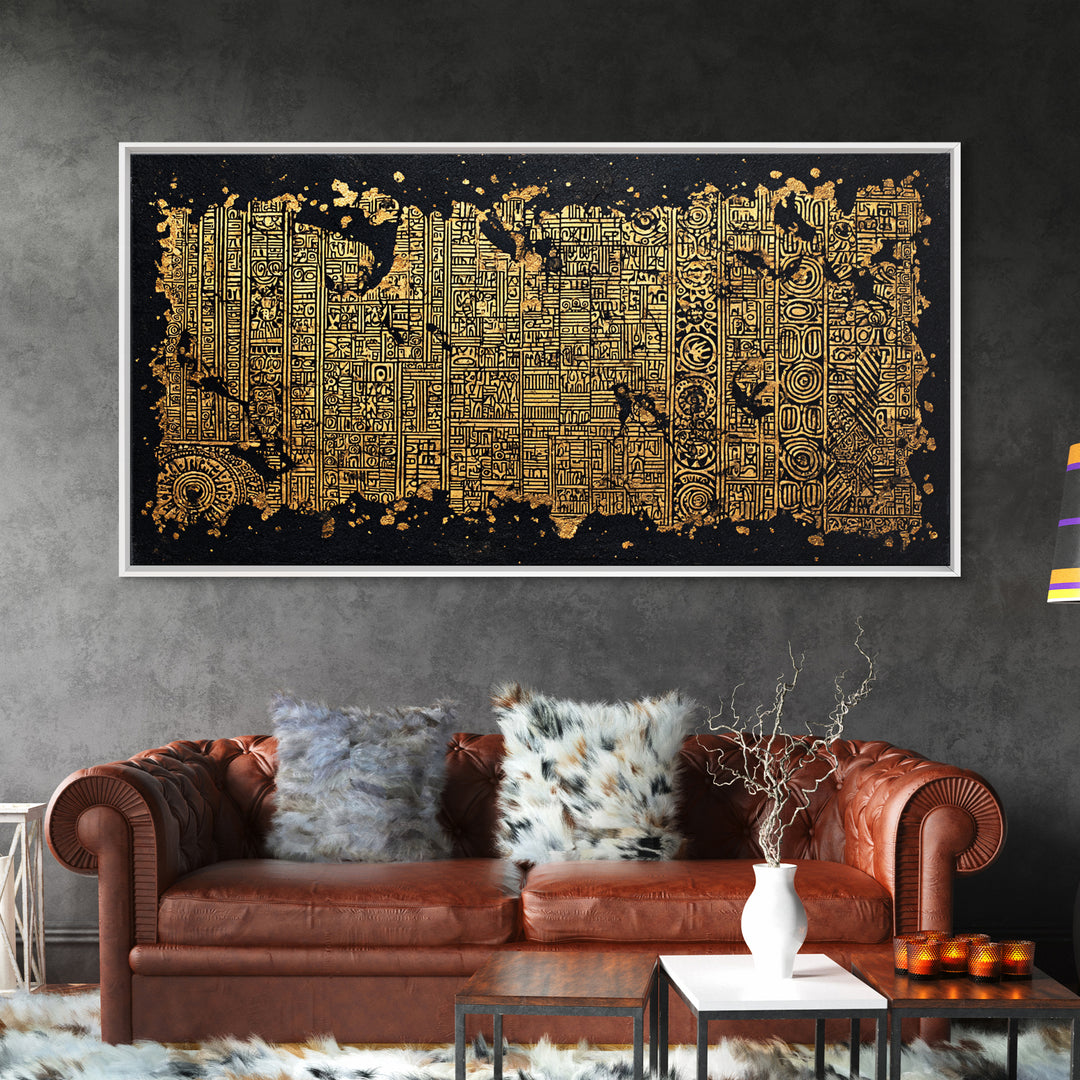 Gold Tribal Textile Pattern Canvas Print, Abstract African Art Decor, Kuba Inspired Wall Decor, Luxury Black Home Accent