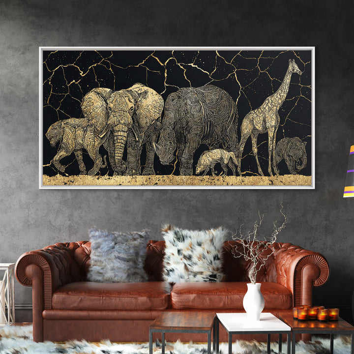 African Safari Animals Wall Art, Elephant Giraffe Family Canvas Decor, Serengeti Wildlife Print, Black Gold Home Accent Gift