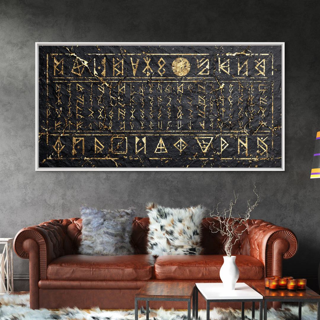 Black Gold Ancient Glyph Stone Tablet Wall Art, African Tribal Decor, Mystical Cultural Art, Framed Canvas Print For Statement Home Decor