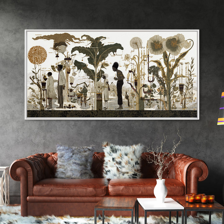 Neutral Botanical Black Figures Garden Wall Art, African American Art, Elegant Floral Canvas Print For Living Room Decor