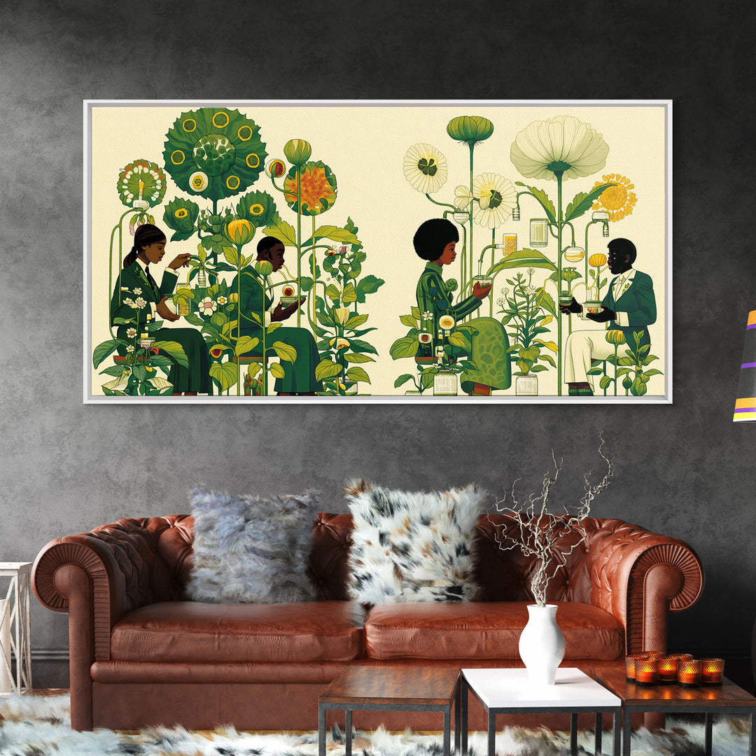 Green Botanical Reading Garden Canvas Print, African Women Art, Afrocentric Wall Decor, Nature Scene Art For Home Decor Gift