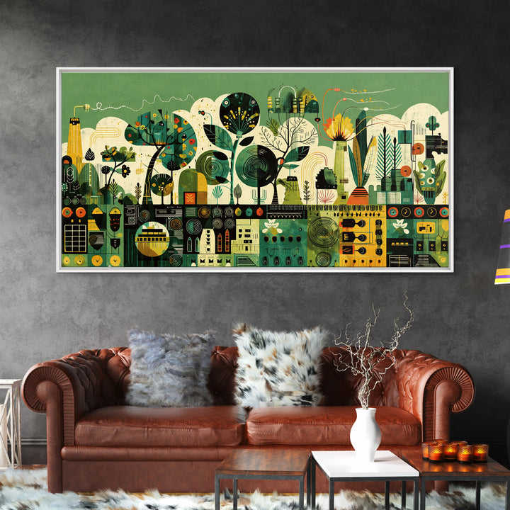 Green Abstract Botanical Cityscape Wall Art, African Patterns, Modern Afrocentric Canvas Print, Cultural Home Decor Gift