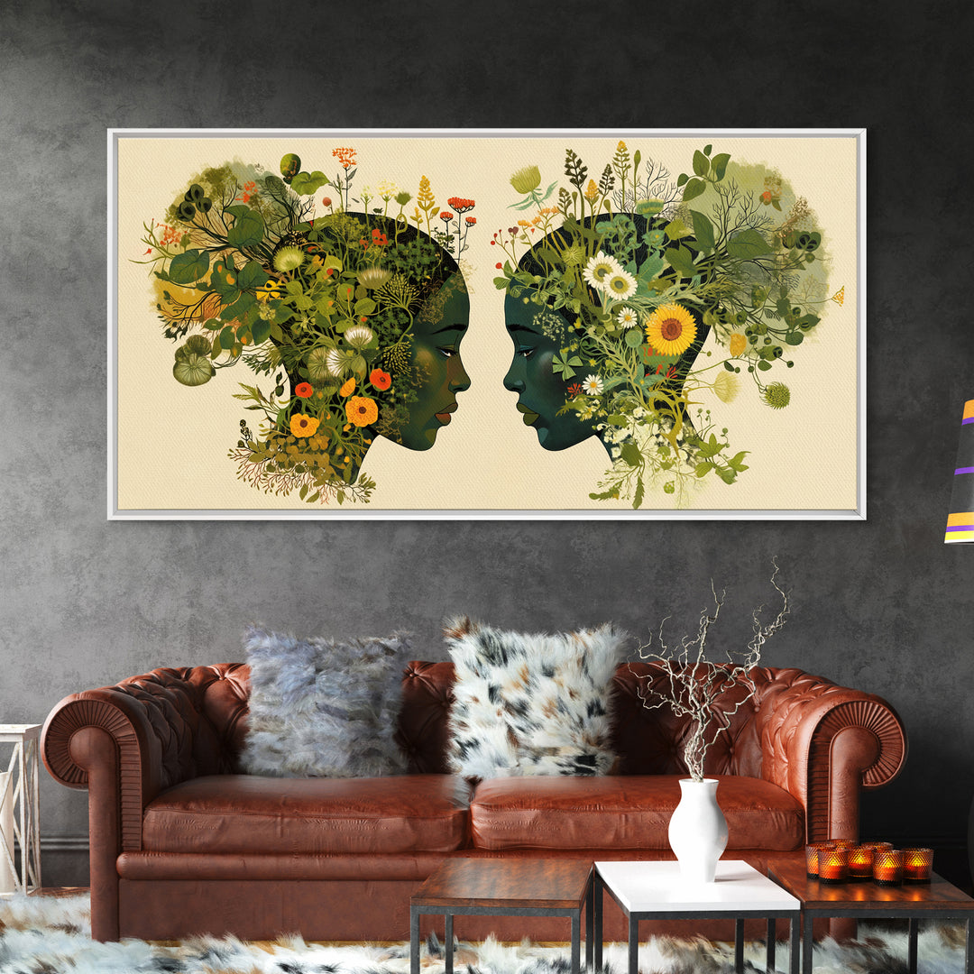 Floral Black Women Profile Portrait Wall Art, African Woman Art, Afrocentric Feminine Canvas Print, Botanical Home Decor Gift