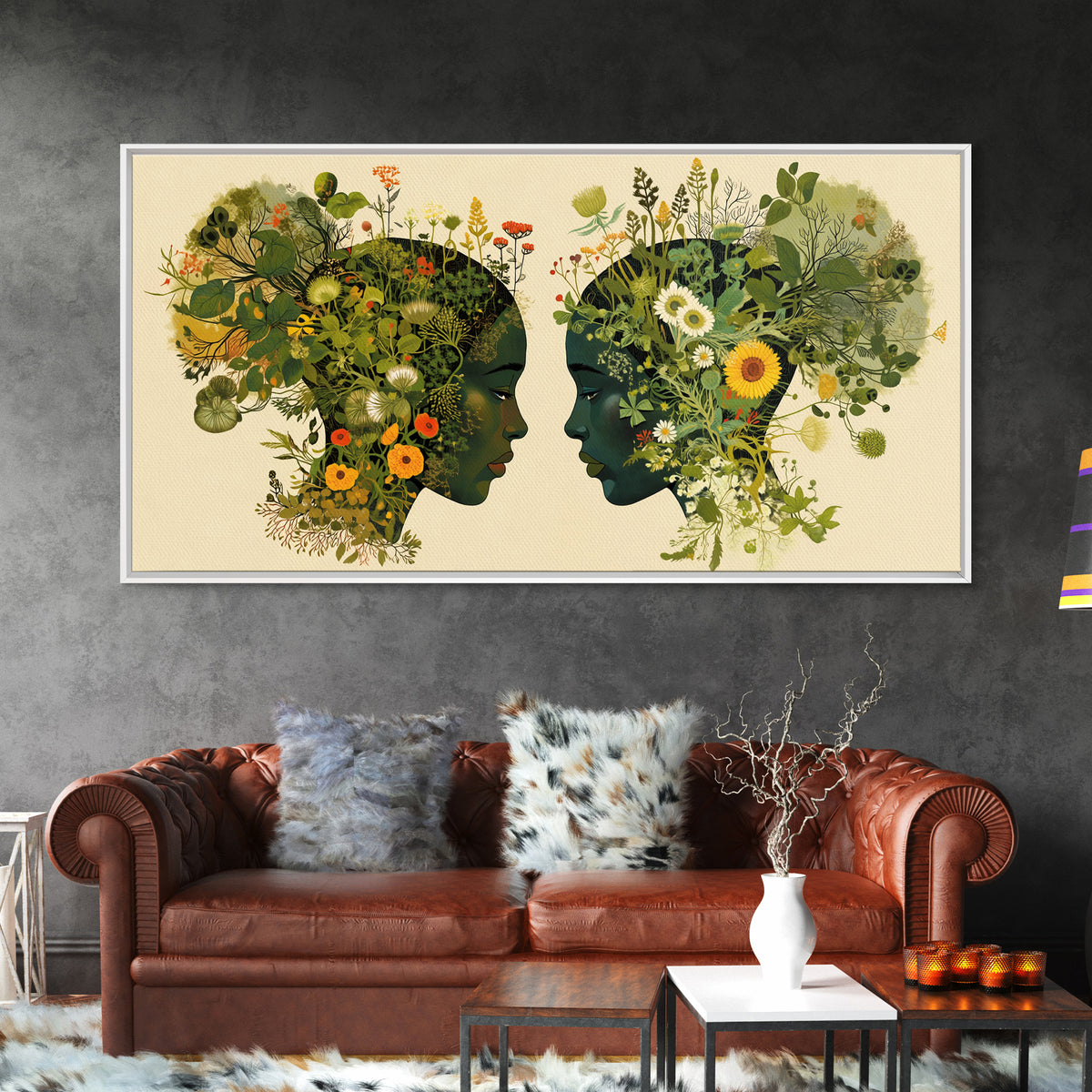 Floral Black Women Profile Portrait Wall Art, African Woman Art, Afrocentric Feminine Canvas Print, Botanical Home Decor Gift