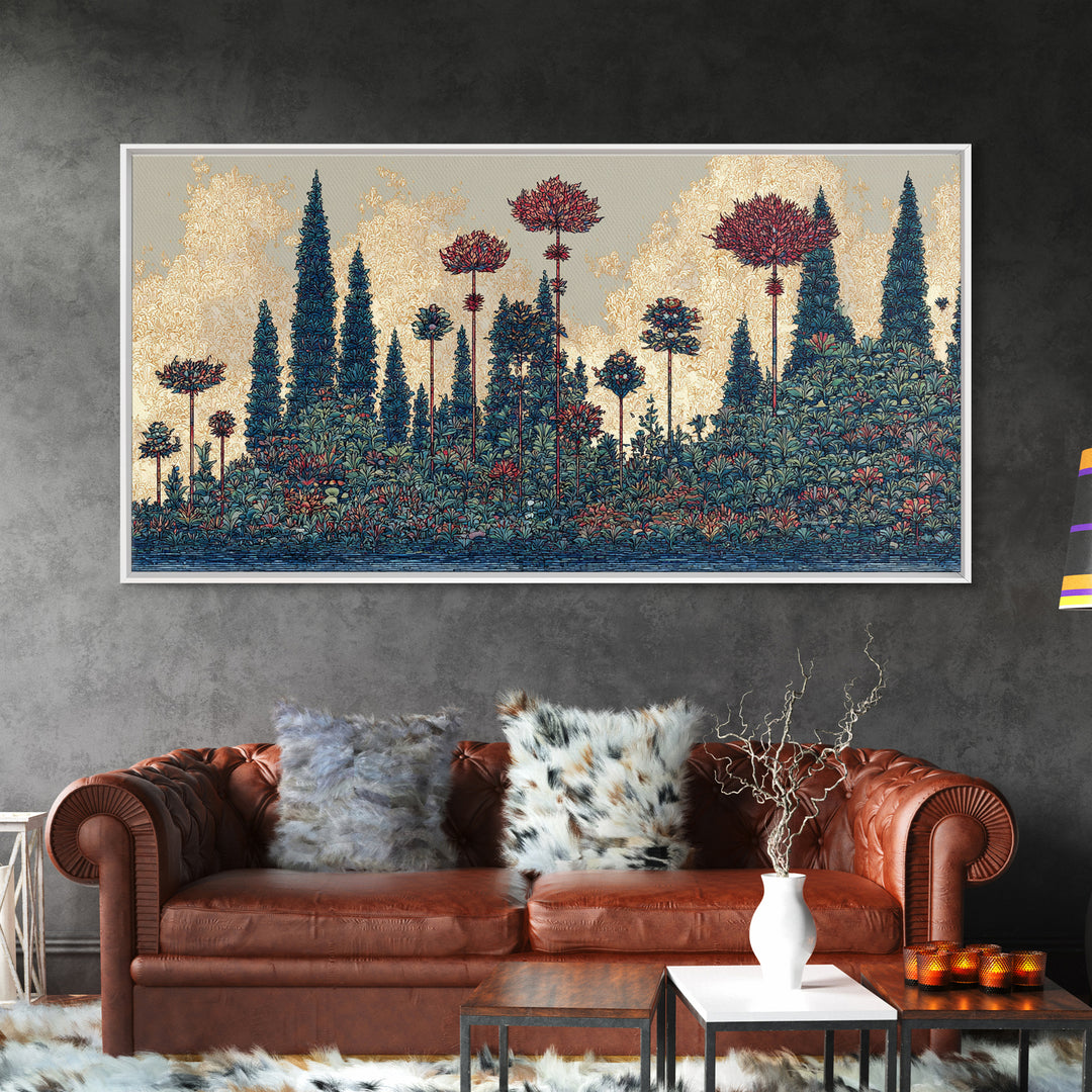Dreamy Blue Forest Flower Landscape Canvas Print, African Inspired Wall Art, Nature Scene Art For Elegant Living Room Decor