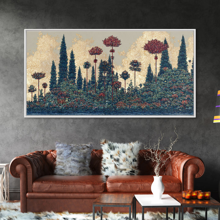 Dreamy Blue Forest Flower Landscape Canvas Print, African Inspired Wall Art, Nature Scene Art For Elegant Living Room Decor