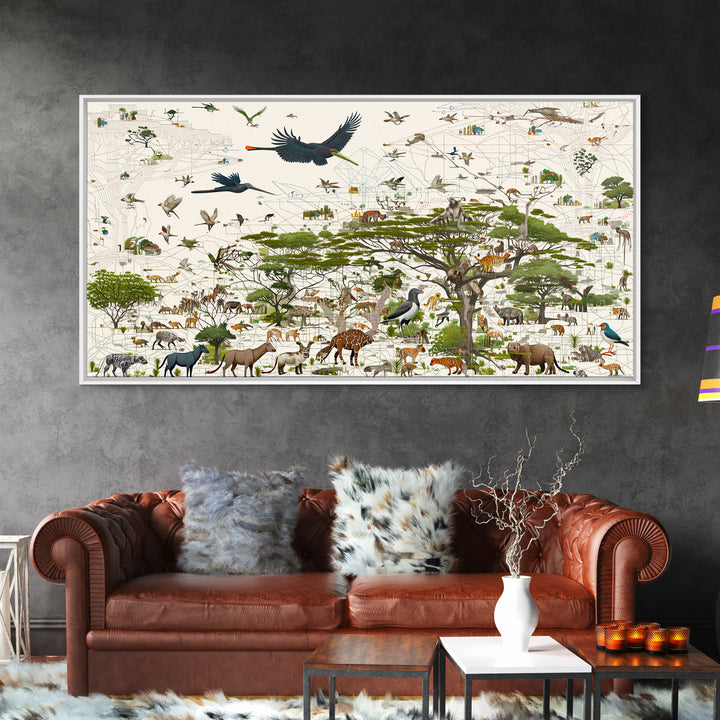 African Safari Animals Acacia Tree Wall Art, Serengeti Wildlife Canvas Print, Jungle Decor For Kids Room Or Office Decor