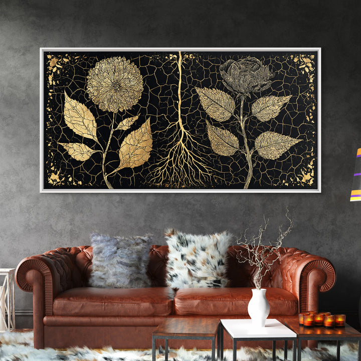 Black Gold Botanical Roots Framed Canvas Print, African Inspired Wall Decor, Luxury Nature Art, Elegant Home Decor Gift Idea