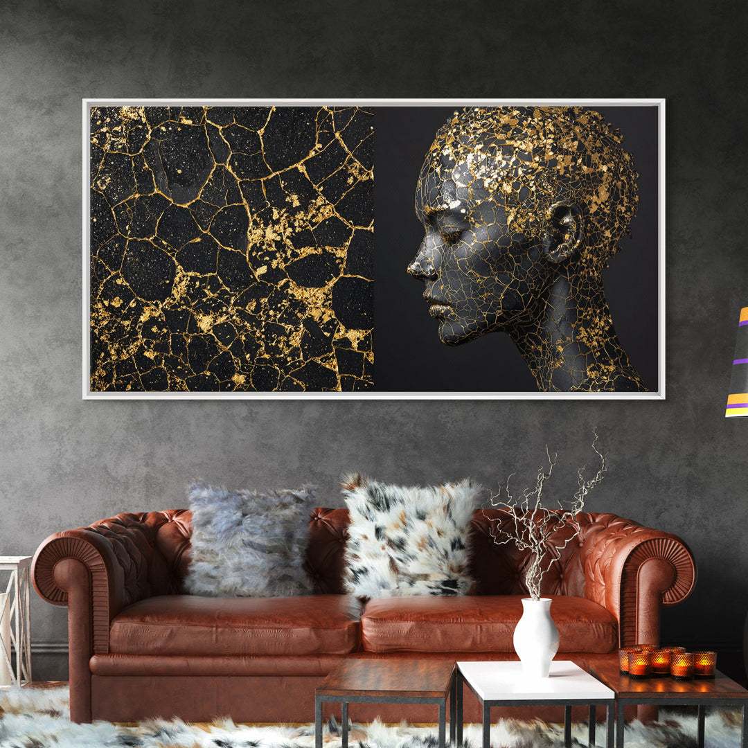 Black Gold Kintsugi African Portrait Canvas Print, Modern Black Art Decor, Luxury Wall Art, Elegant Woman Profile Artwork