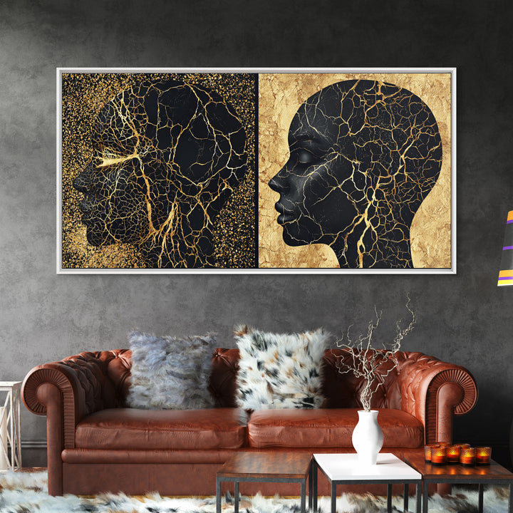 Black Gold Rooted African Profile Diptych Framed Canvas Print, Spiritual Wall Art, Modern Afrocentric Decor, Luxury Art Print
