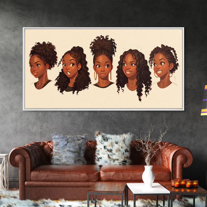 Cute Black Girl Hairstyle Portraits Wall Art, Melanin Artwork, African American Kids Decor, Black Girl Magic Canvas Print