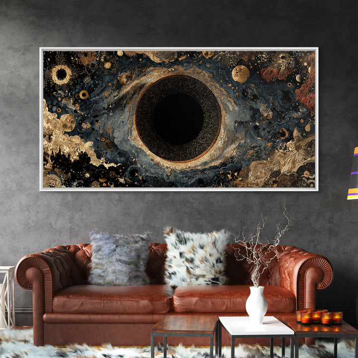 Black Gold Cosmic Eye Framed Canvas Print, Luxury Abstract Wall Decor, Mystical Space Art For Modern Living Room Home Decor
