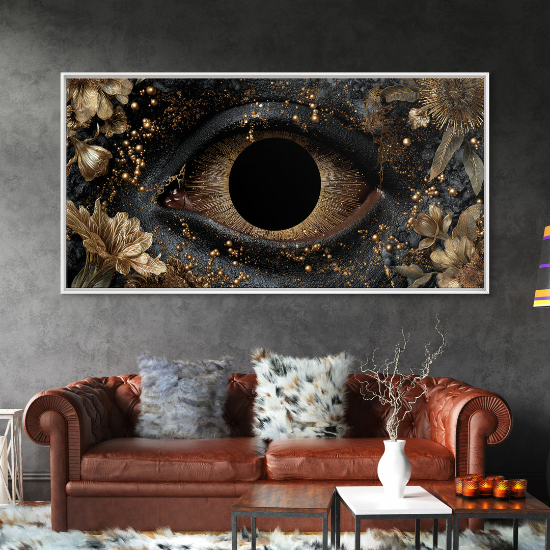 Golden Floral Mystic Eye Canvas Print, Black And Gold Abstract Wall Art, Luxury Feminine Decor For Stylish Living Room Gift