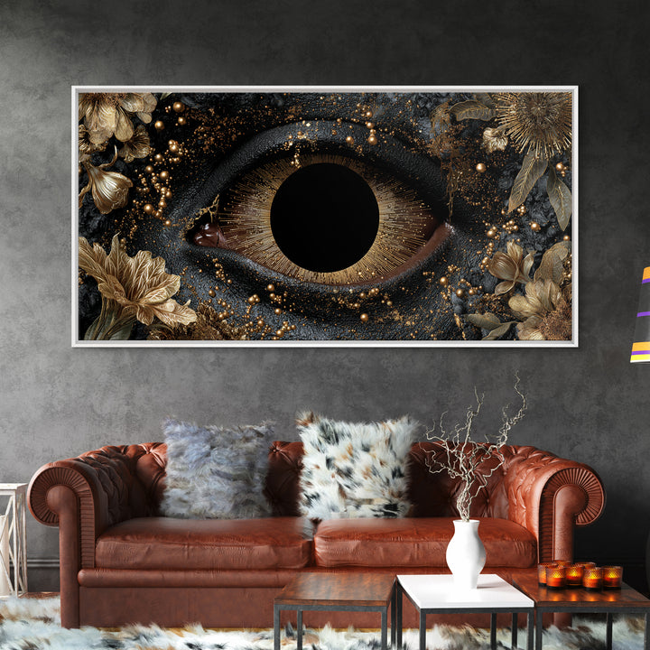 Golden Floral Mystic Eye Canvas Print, Black And Gold Abstract Wall Art, Luxury Feminine Decor For Stylish Living Room Gift