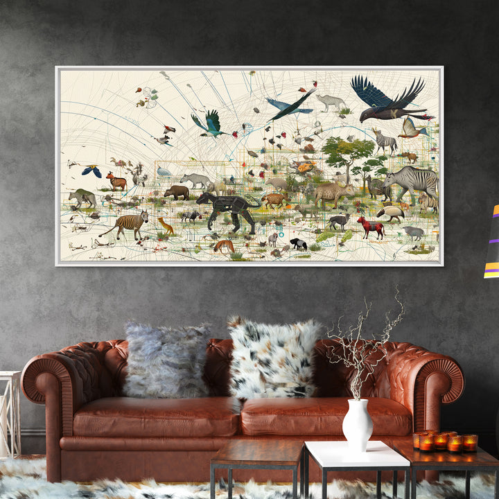 African Safari Map Canvas Print, Wildlife Collage With Elephant Giraffe Rhino, Serengeti Wall Decor, Jungle Animal Art Home Decor