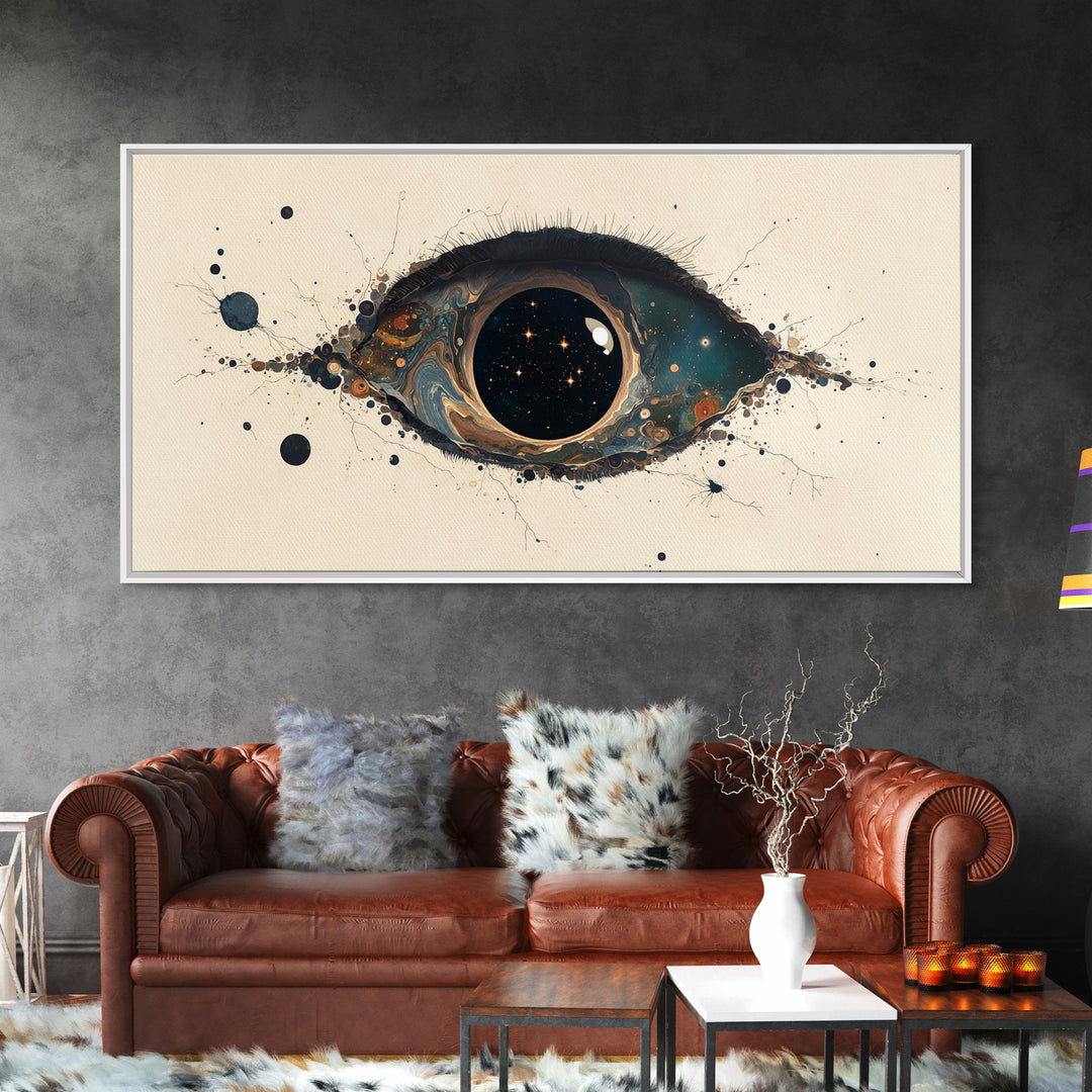 Cosmic Eye Canvas Print, Teal Gold Abstract Painting, Dreamy Wall Art, Modern Mystical Decor For Bedroom Or Office Statement Piece