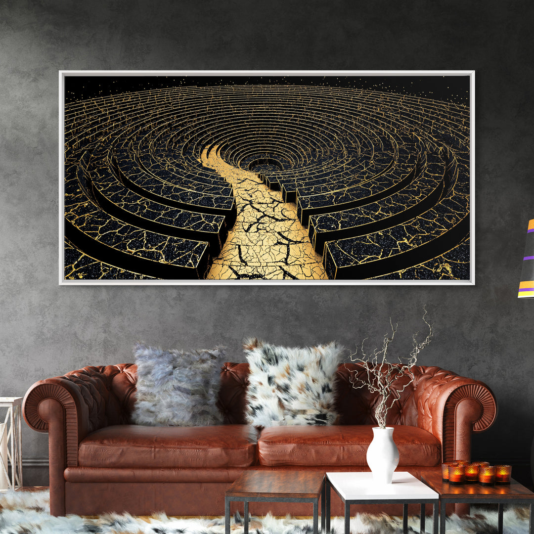 Golden Labyrinth Wall Art, Black And Gold Abstract Spiral Maze, Luxury Canvas Print, Modern Geometric Statement Decor Home Decor
