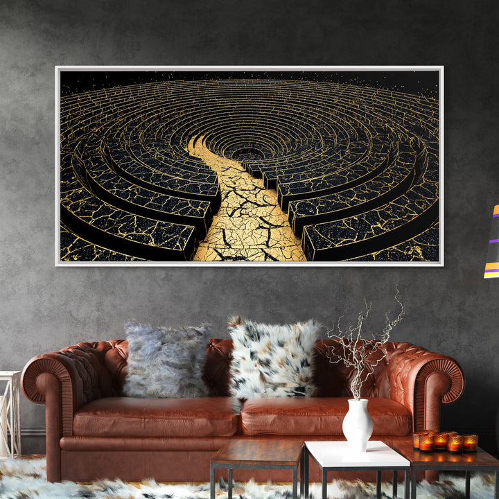 Golden Labyrinth Wall Art, Black And Gold Abstract Spiral Maze, Luxury Canvas Print, Modern Geometric Statement Decor Home Decor